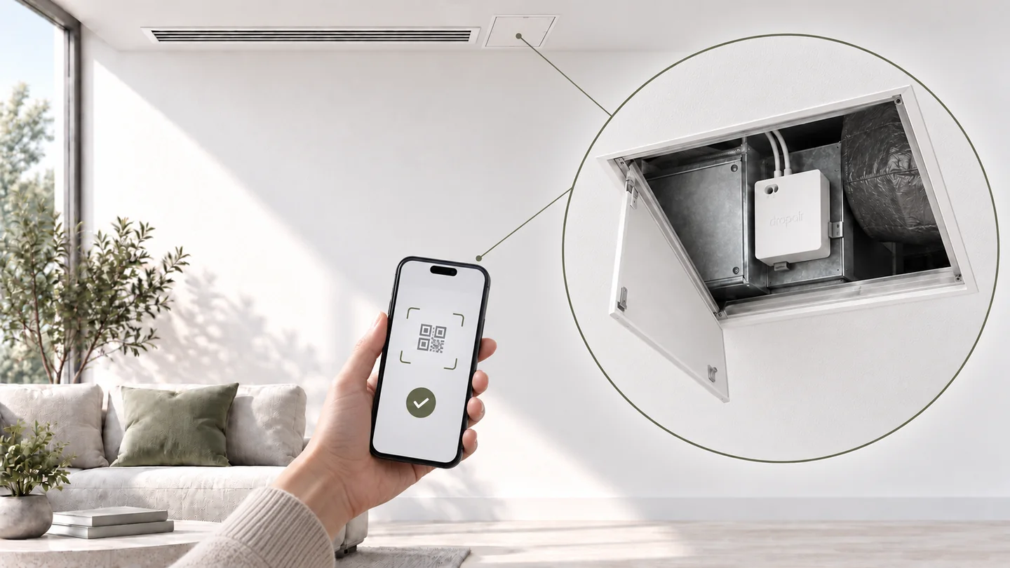 Concept illustration: a Mini6 in a ceiling access hatch near the central HVAC vent, with phone scanning to add the device